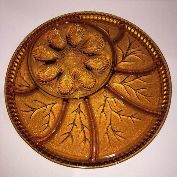 Indiana Glass Amber Glass Tree Of Life Relish And Egg Plate Platter Dish Vintage - Picture 7 of 7